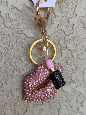Sparkling Gold-Tone Pink Crystal Lip & Lipstick Keychain